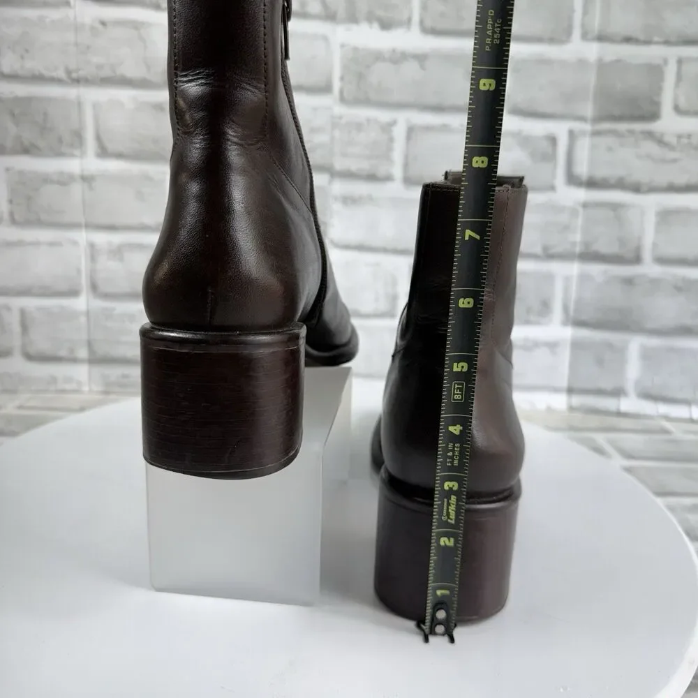 Diba Women's Size 8 VINTAGE Brown Leather Block Heel Chunky Y2K Zip Boots